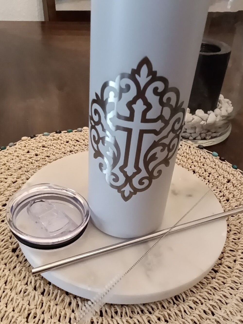 Engraved By Us Bluemoon. Matte White Stainless Travel Tumbler w Silver Cross. - Picture 3 of 5
